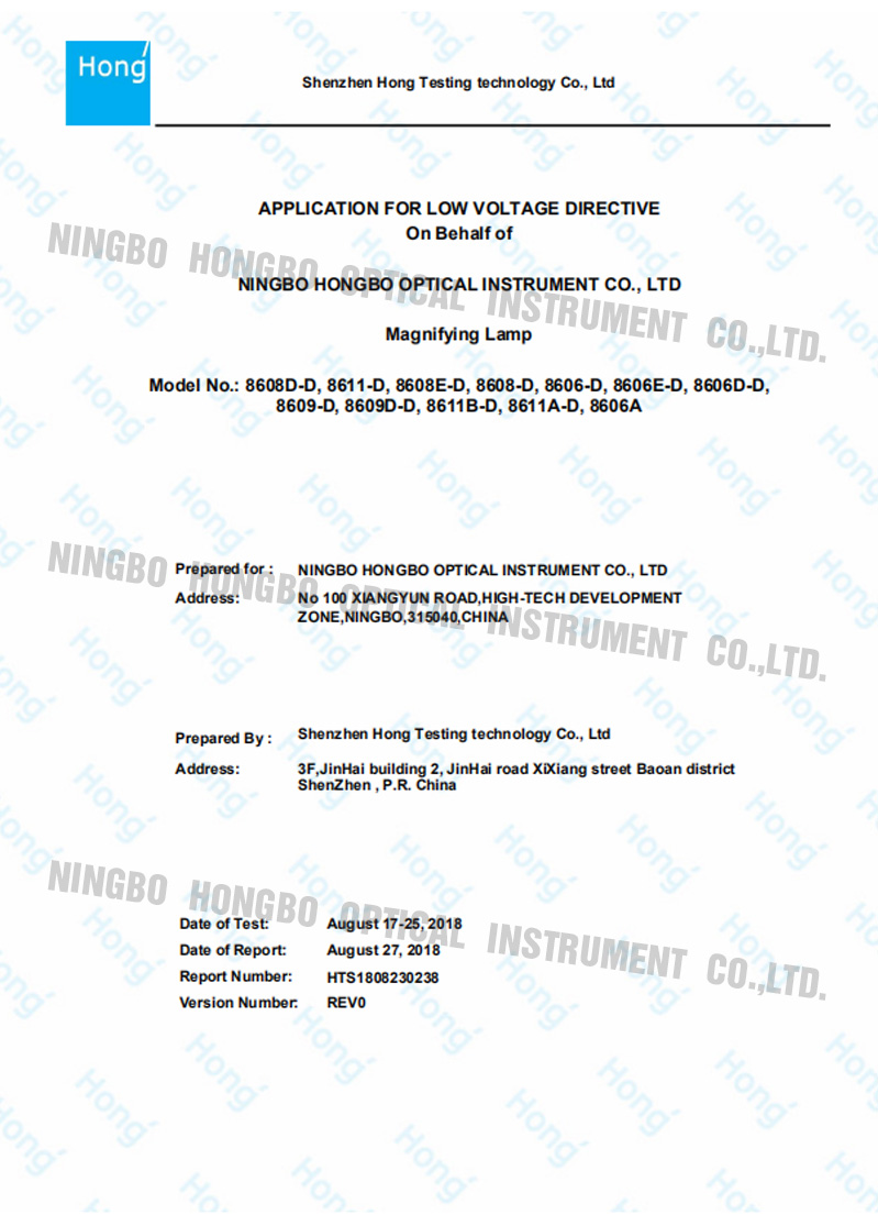 APPLICATION FOR LOW VOLTAGE DIRECTIVE On Behalf of